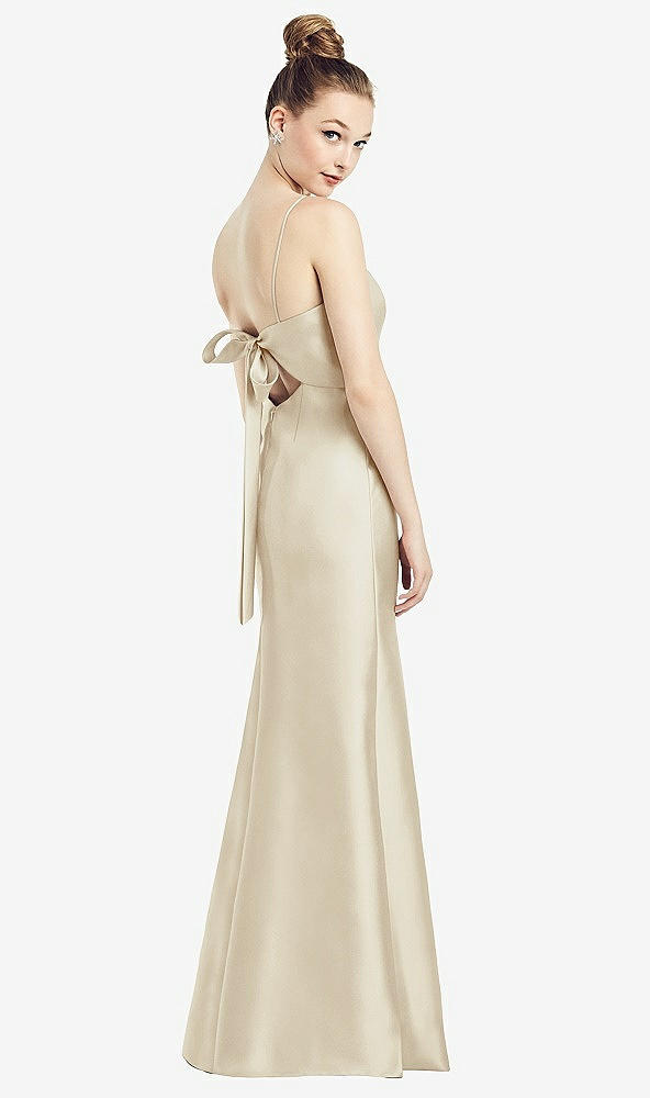Front View - Champagne Open-Back Bow Tie Satin Trumpet Gown