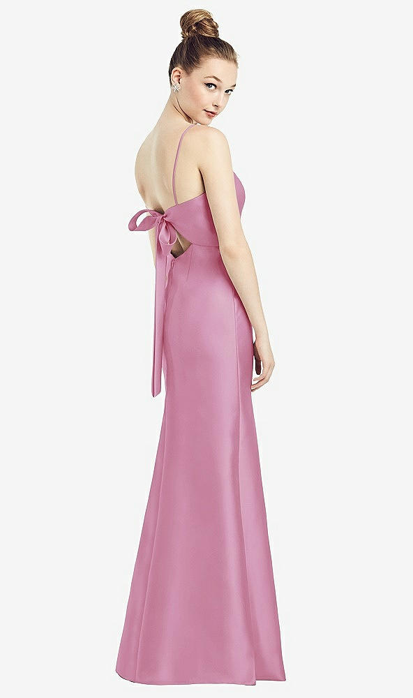 Front View - Powder Pink Open-Back Bow Tie Satin Trumpet Gown