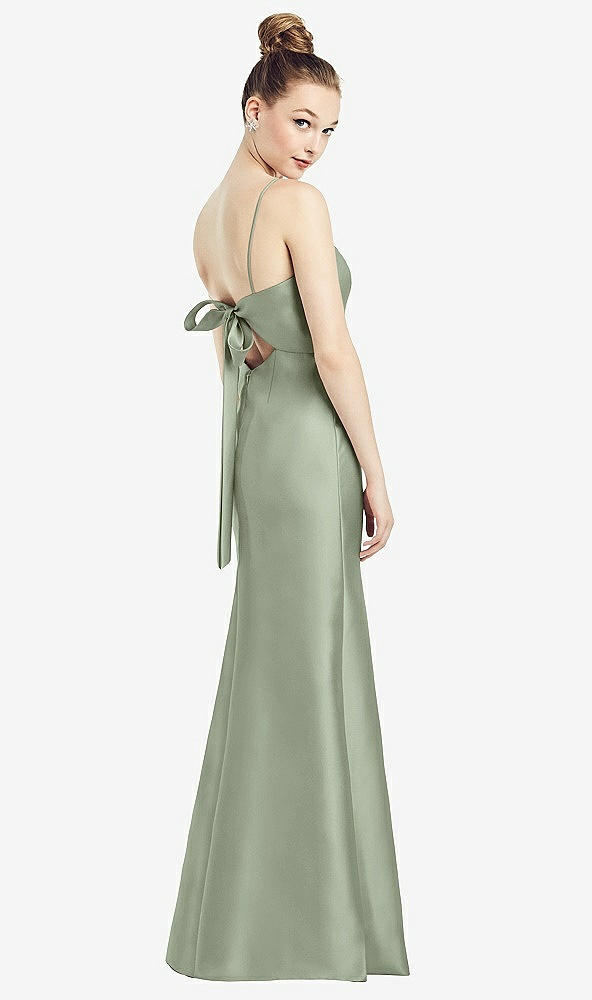 Front View - Sage Open-Back Bow Tie Satin Trumpet Gown
