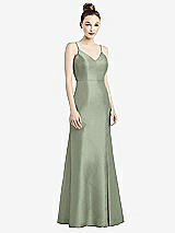 Rear View Thumbnail - Sage Open-Back Bow Tie Satin Trumpet Gown