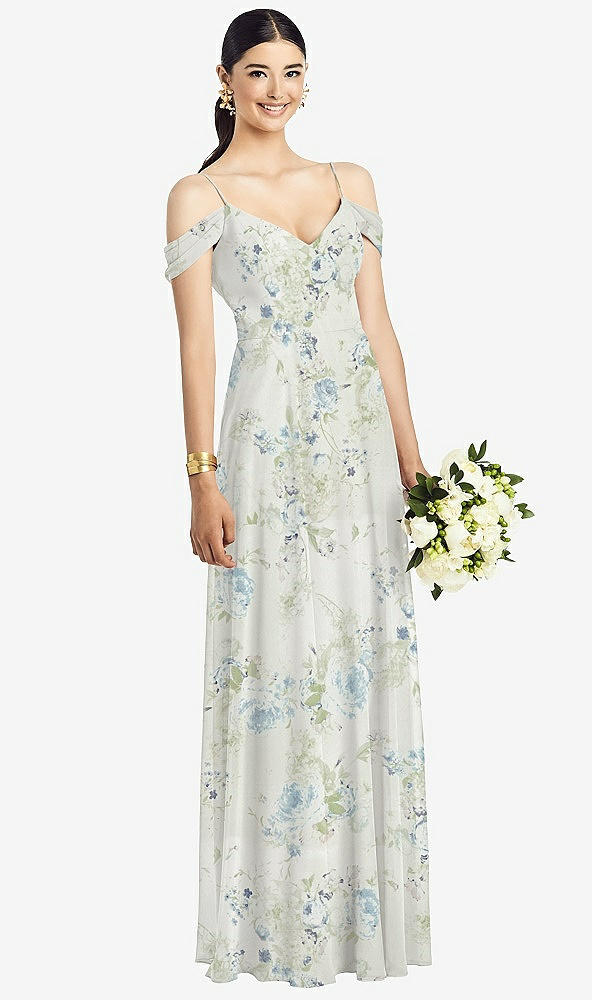 Front View - Bleu Garden Cold-Shoulder V-Back Chiffon Maxi Dress