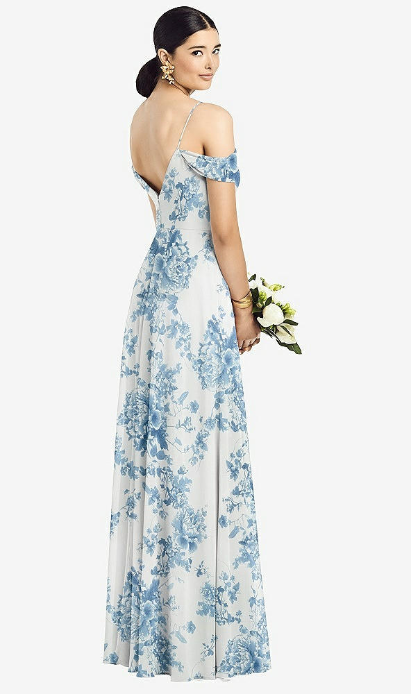 Back View - Cottage Rose Dusk Blue Cold-Shoulder V-Back Chiffon Maxi Dress