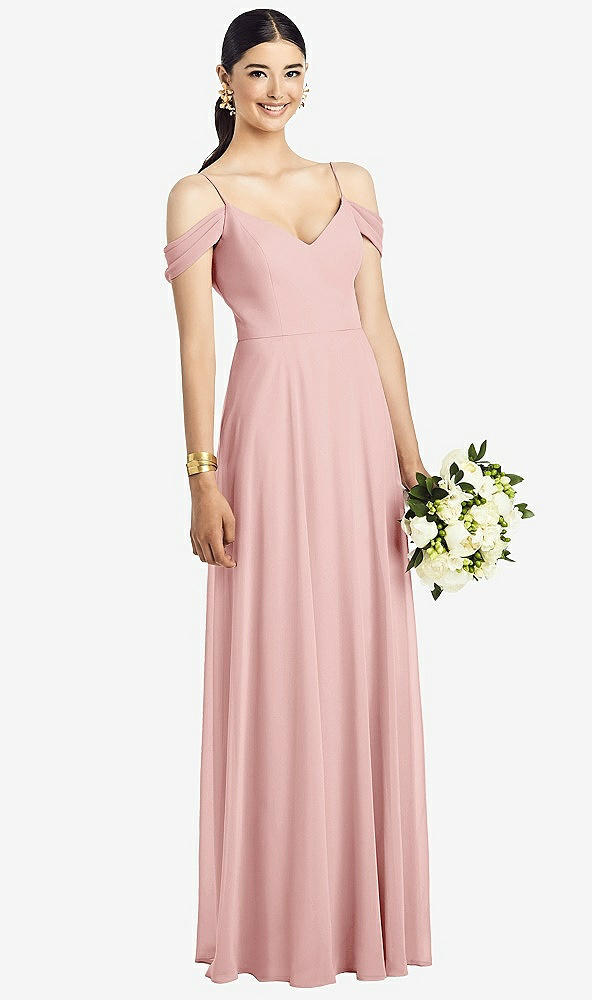 Front View - Rose Cold-Shoulder V-Back Chiffon Maxi Dress