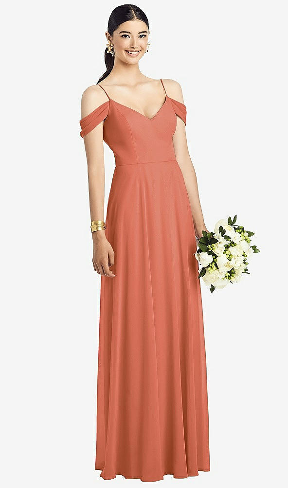Front View - Terracotta Copper Cold-Shoulder V-Back Chiffon Maxi Dress
