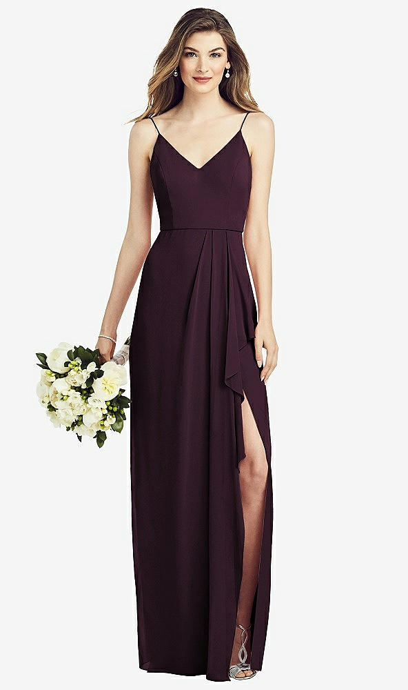 Front View - Deep Plum Spaghetti Strap Draped Skirt Gown with Front Slit