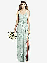 Front View Thumbnail - Mint Green Floral Spaghetti Strap Draped Skirt Gown with Front Slit