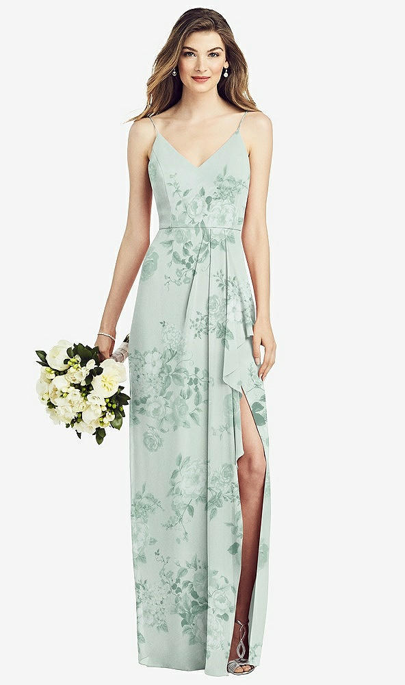Front View - Mint Green Floral Spaghetti Strap Draped Skirt Gown with Front Slit
