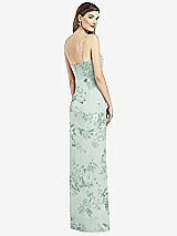 Rear View Thumbnail - Mint Green Floral Spaghetti Strap Draped Skirt Gown with Front Slit