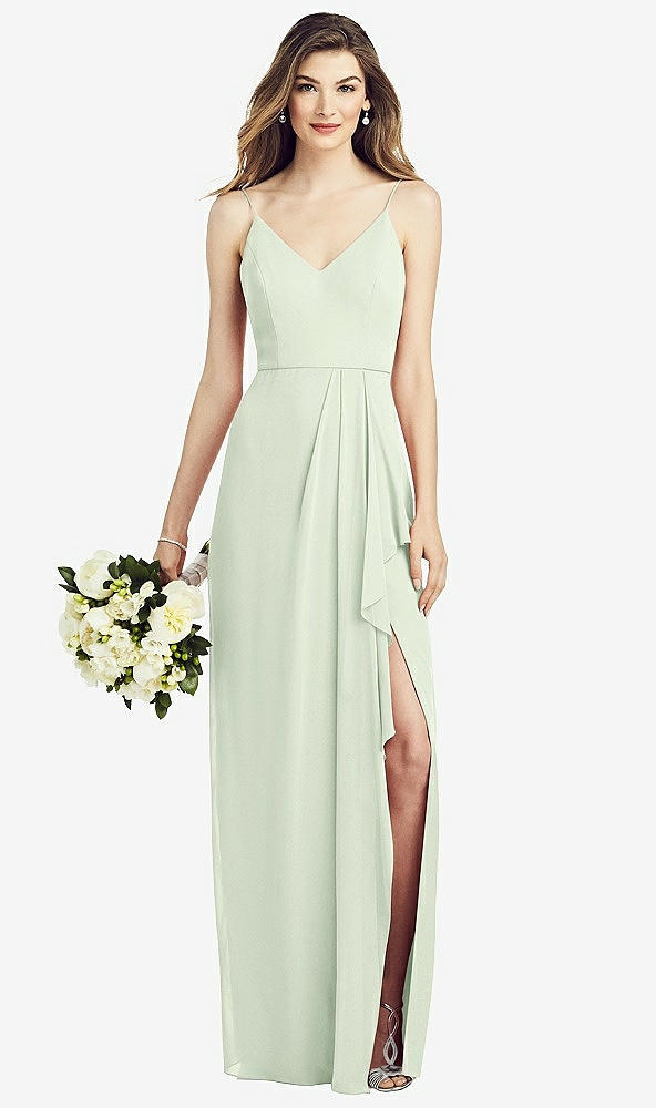 Front View - Mint Green Spaghetti Strap Draped Skirt Gown with Front Slit