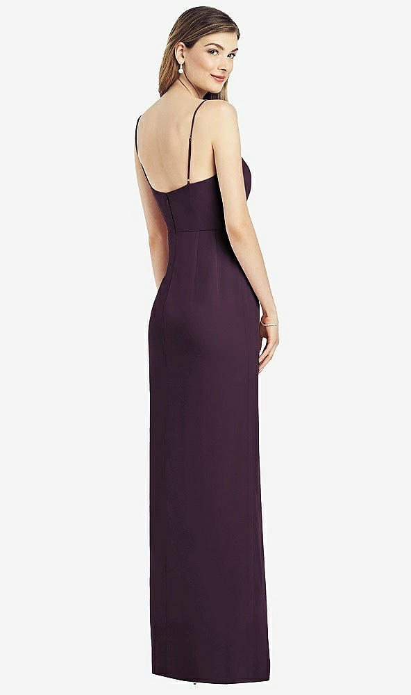 Back View - Aubergine Spaghetti Strap Draped Skirt Gown with Front Slit