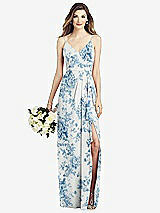 Front View Thumbnail - Cottage Rose Dusk Blue Spaghetti Strap Draped Skirt Gown with Front Slit