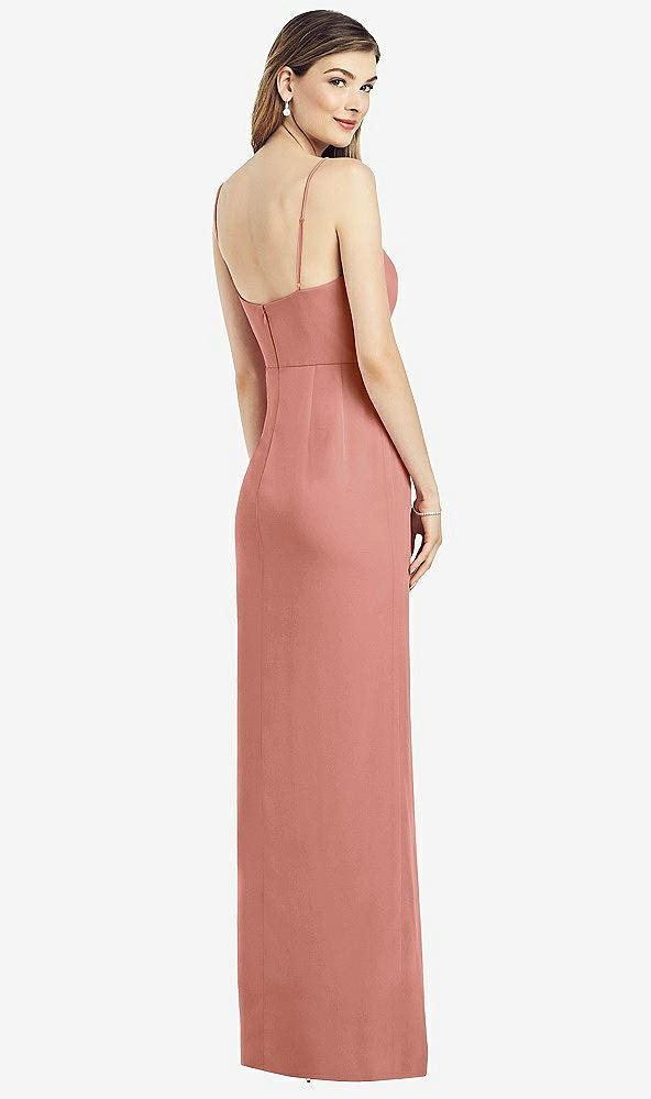 Back View - Desert Rose Spaghetti Strap Draped Skirt Gown with Front Slit
