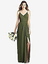 Front View Thumbnail - Olive Green Spaghetti Strap Draped Skirt Gown with Front Slit
