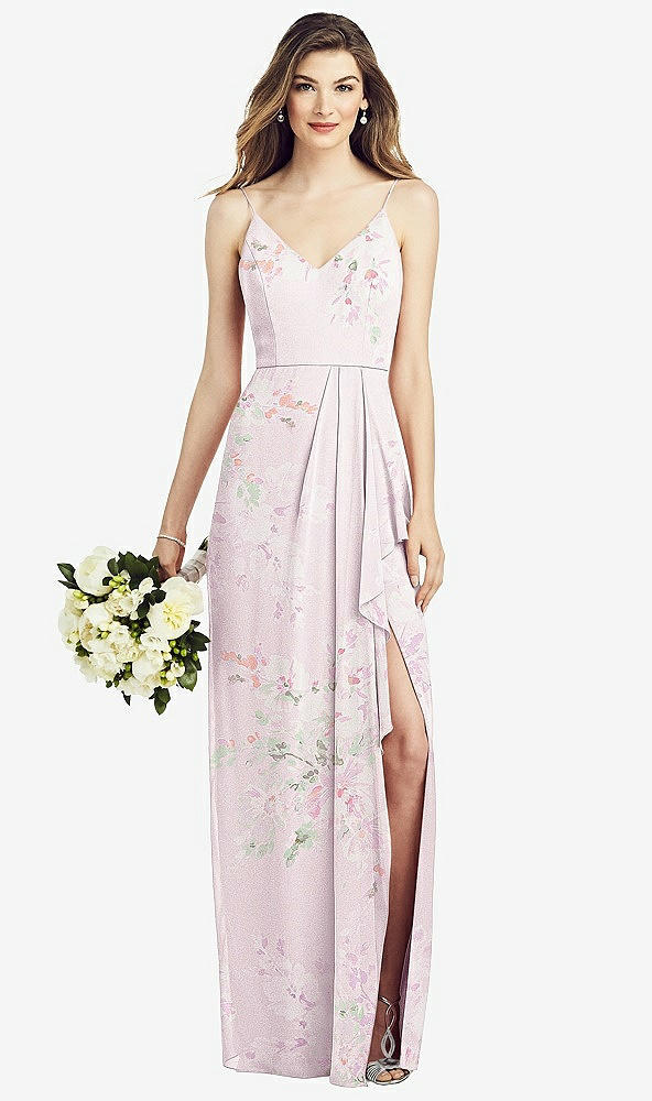 Front View - Watercolor Print Spaghetti Strap Draped Skirt Gown with Front Slit