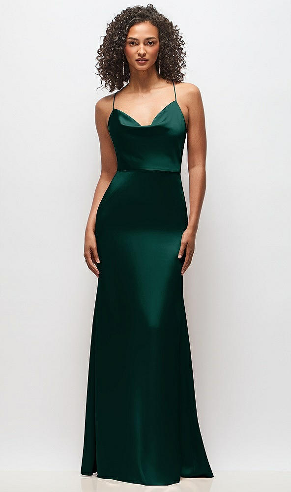 Front View - Evergreen Cowl-Neck Criss Cross Back Slip Dress