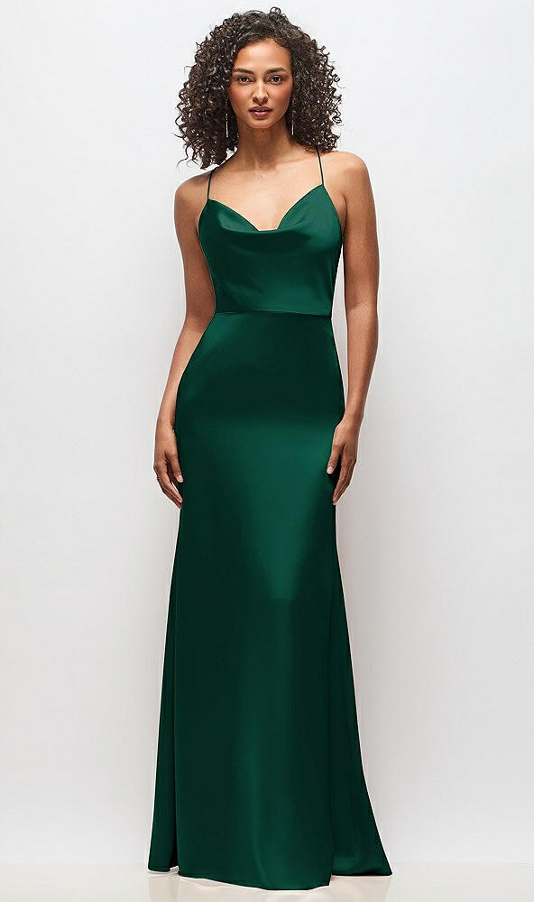 Front View - Hunter Green Cowl-Neck Criss Cross Back Slip Dress