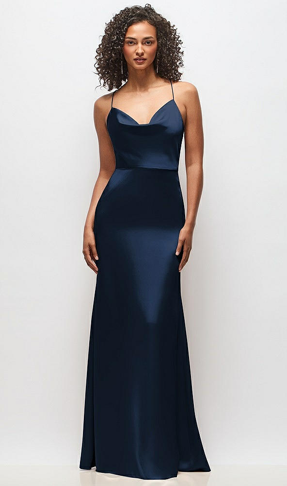 Front View - Midnight Navy Cowl-Neck Criss Cross Back Slip Dress