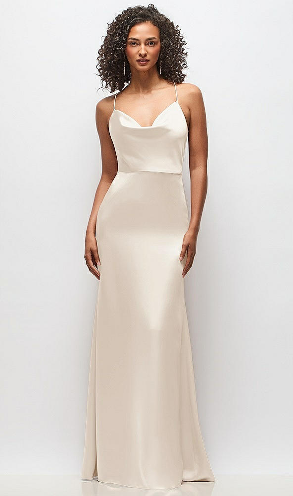 Front View - Oat Cowl-Neck Criss Cross Back Slip Dress