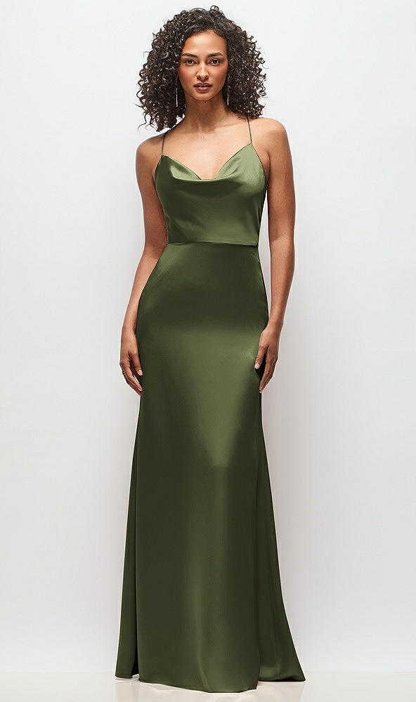 Front View - Olive Green Cowl-Neck Criss Cross Back Slip Dress