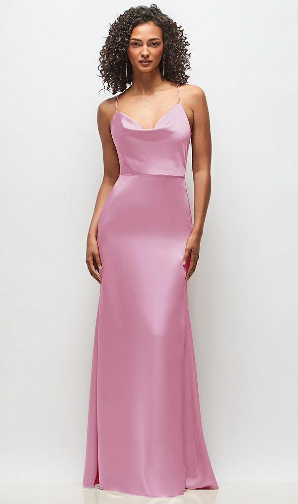 Front View - Powder Pink Cowl-Neck Criss Cross Back Slip Dress