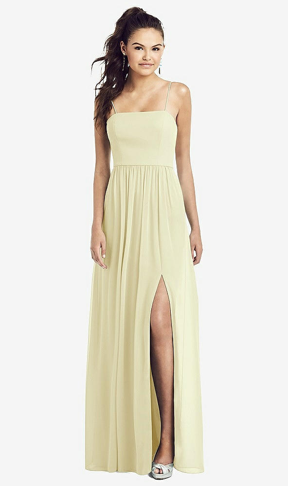 Front View - Butter Yellow Slim Spaghetti Strap Chiffon Dress with Front Slit