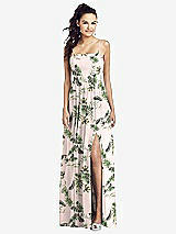 Front View Thumbnail - Palm Beach Print Slim Spaghetti Strap Chiffon Dress with Front Slit