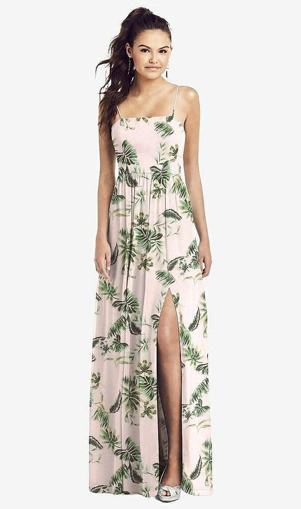 Front View - Palm Beach Print Slim Spaghetti Strap Chiffon Dress with Front Slit