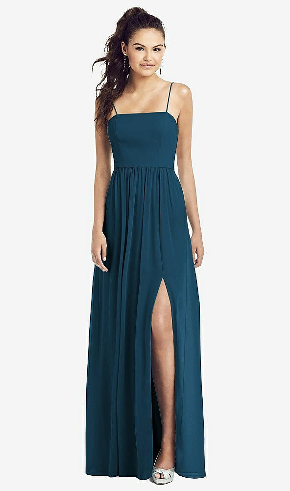 Front View - Atlantic Blue Slim Spaghetti Strap Chiffon Dress with Front Slit
