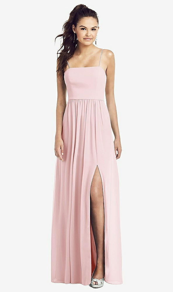 Front View - Ballet Pink Slim Spaghetti Strap Chiffon Dress with Front Slit