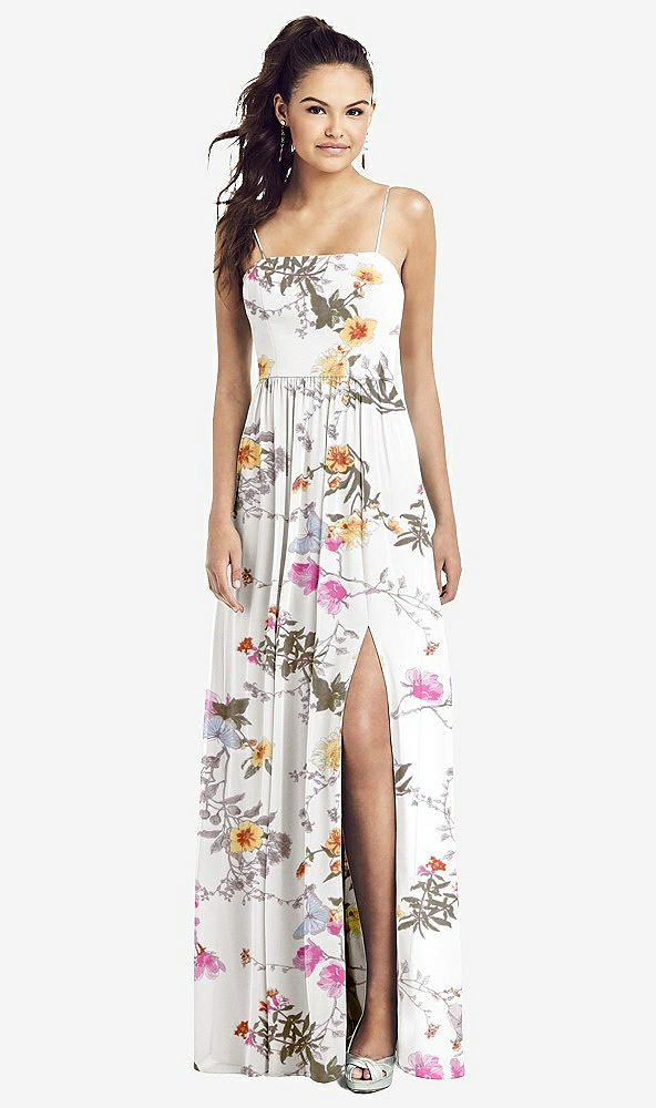 Front View - Butterfly Botanica Ivory Slim Spaghetti Strap Chiffon Dress with Front Slit