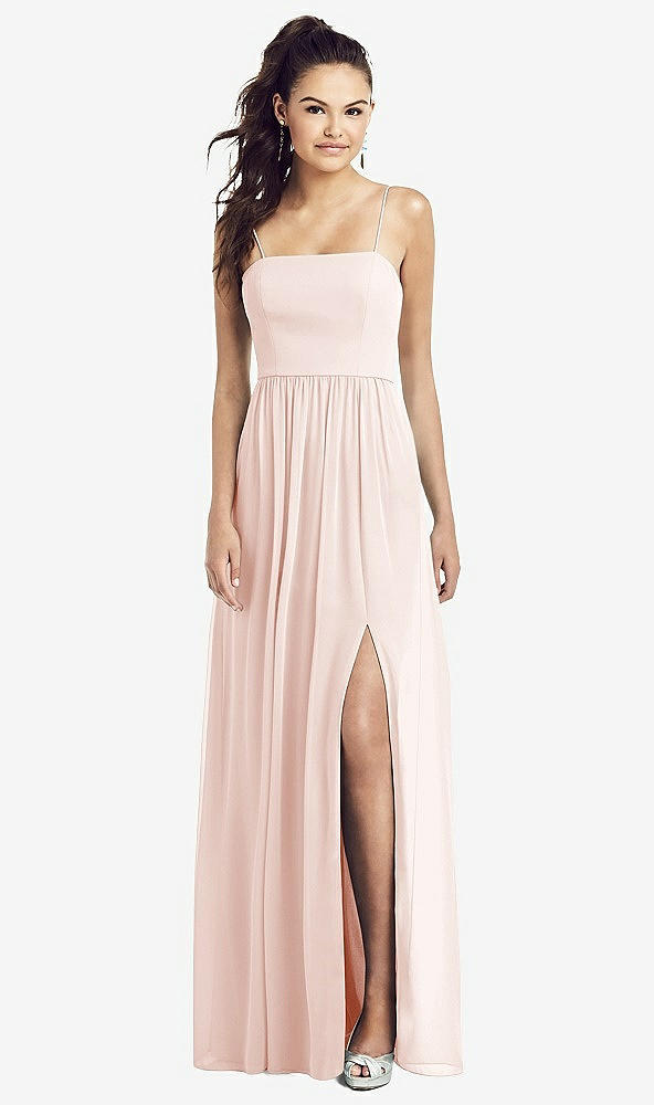 Front View - Blush Slim Spaghetti Strap Chiffon Dress with Front Slit