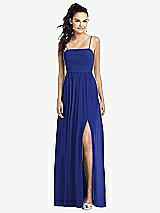 Front View Thumbnail - Cobalt Blue Slim Spaghetti Strap Chiffon Dress with Front Slit