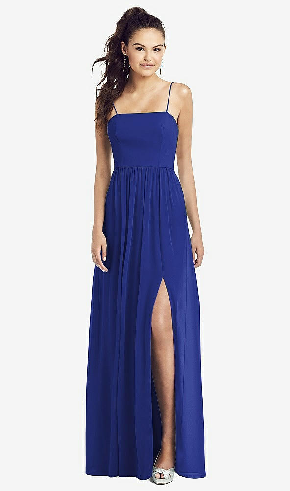 Front View - Cobalt Blue Slim Spaghetti Strap Chiffon Dress with Front Slit