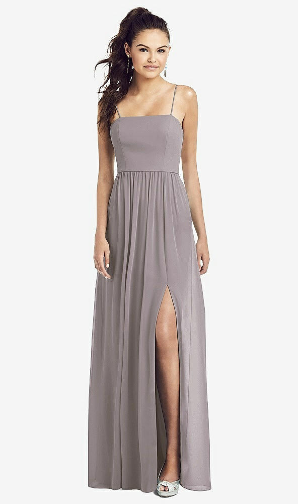 Front View - Cashmere Gray Slim Spaghetti Strap Chiffon Dress with Front Slit