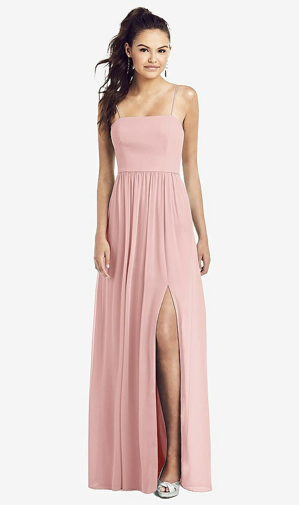 Front View - Rose Slim Spaghetti Strap Chiffon Dress with Front Slit
