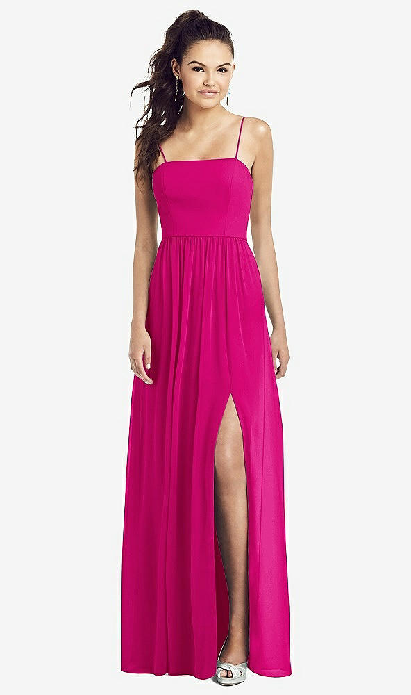 Front View - Think Pink Slim Spaghetti Strap Chiffon Dress with Front Slit