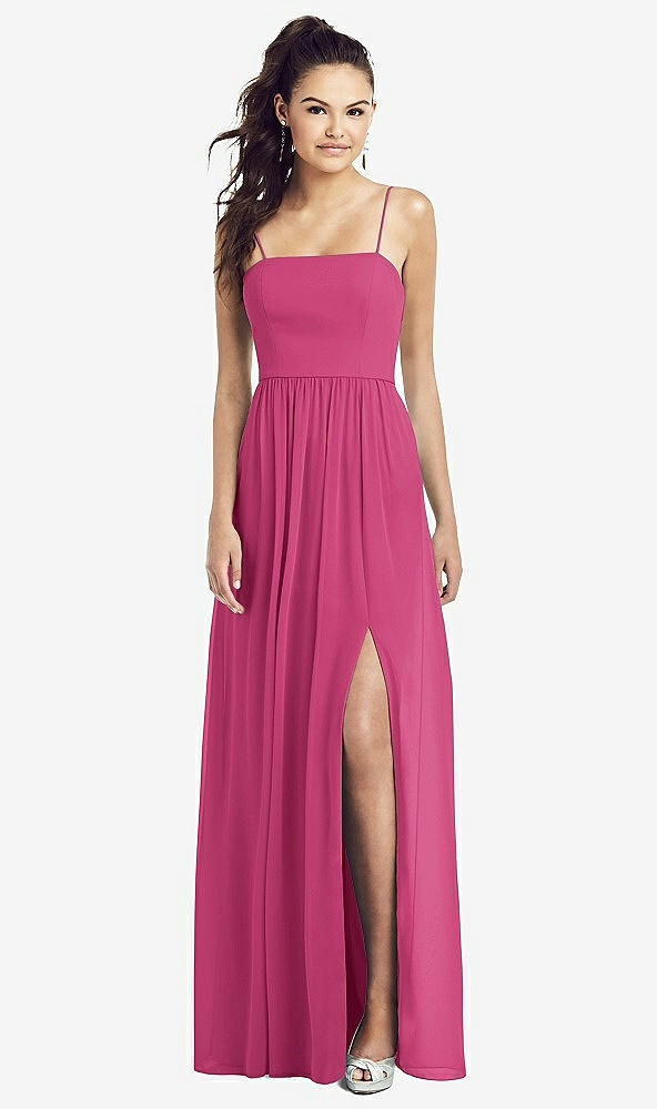Front View - Tea Rose Slim Spaghetti Strap Chiffon Dress with Front Slit