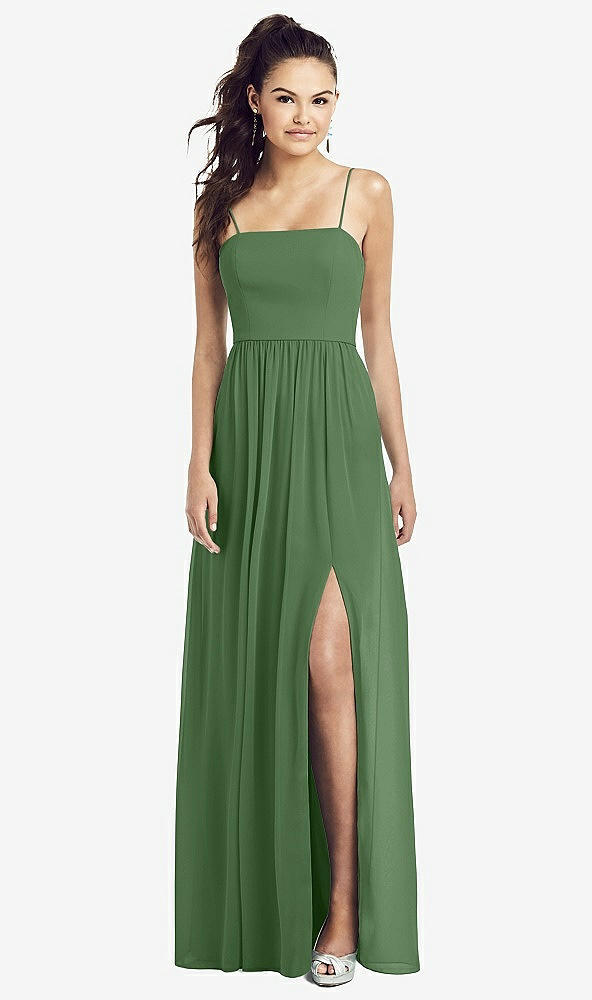 Front View - Vineyard Green Slim Spaghetti Strap Chiffon Dress with Front Slit