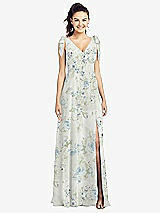Front View Thumbnail - Bleu Garden Bow-Shoulder V-Back Chiffon Gown with Front Slit