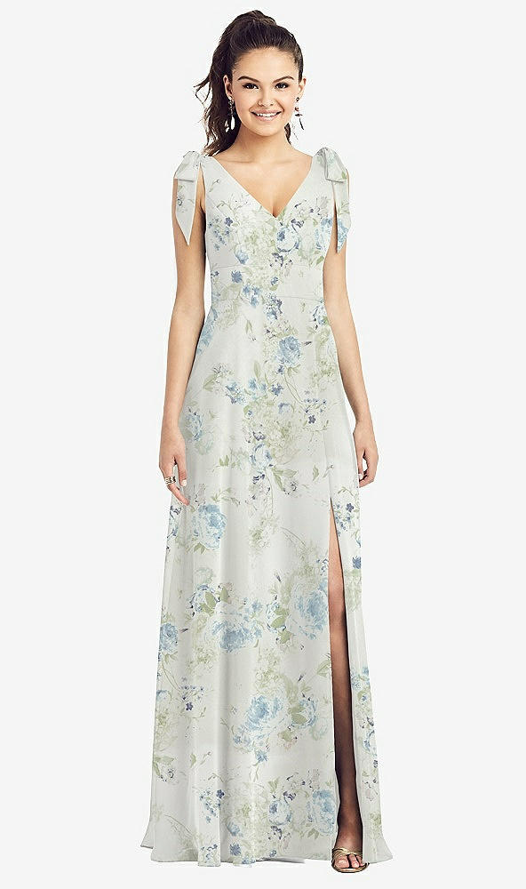 Front View - Bleu Garden Bow-Shoulder V-Back Chiffon Gown with Front Slit