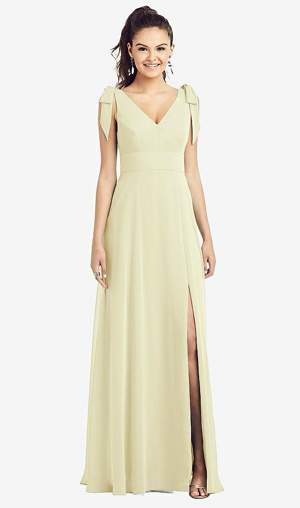Front View - Butter Yellow Bow-Shoulder V-Back Chiffon Gown with Front Slit