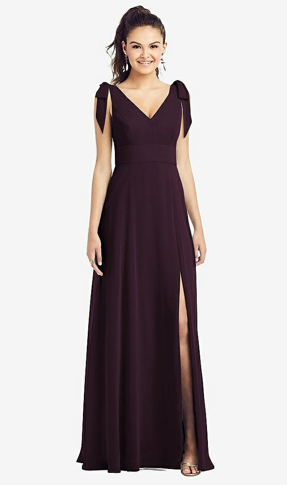 Front View - Deep Plum Bow-Shoulder V-Back Chiffon Gown with Front Slit