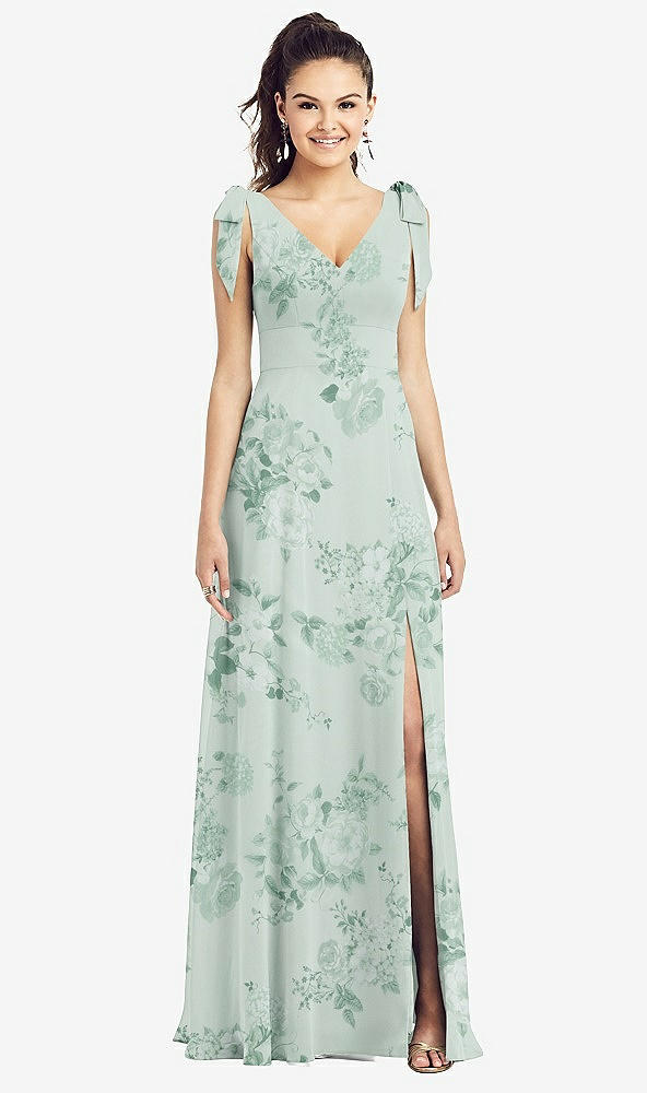 Front View - Mint Green Floral Bow-Shoulder V-Back Chiffon Gown with Front Slit
