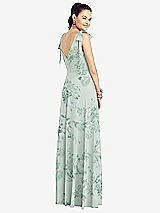 Rear View Thumbnail - Mint Green Floral Bow-Shoulder V-Back Chiffon Gown with Front Slit