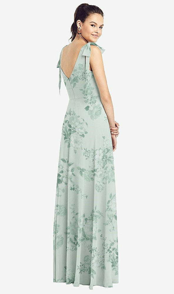 Back View - Mint Green Floral Bow-Shoulder V-Back Chiffon Gown with Front Slit