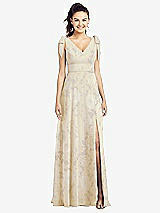 Front View Thumbnail - Butter Yellow Floral Bow-Shoulder V-Back Chiffon Gown with Front Slit