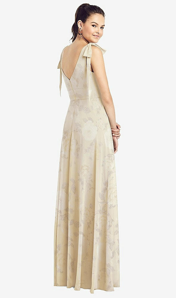 Back View - Butter Yellow Floral Bow-Shoulder V-Back Chiffon Gown with Front Slit