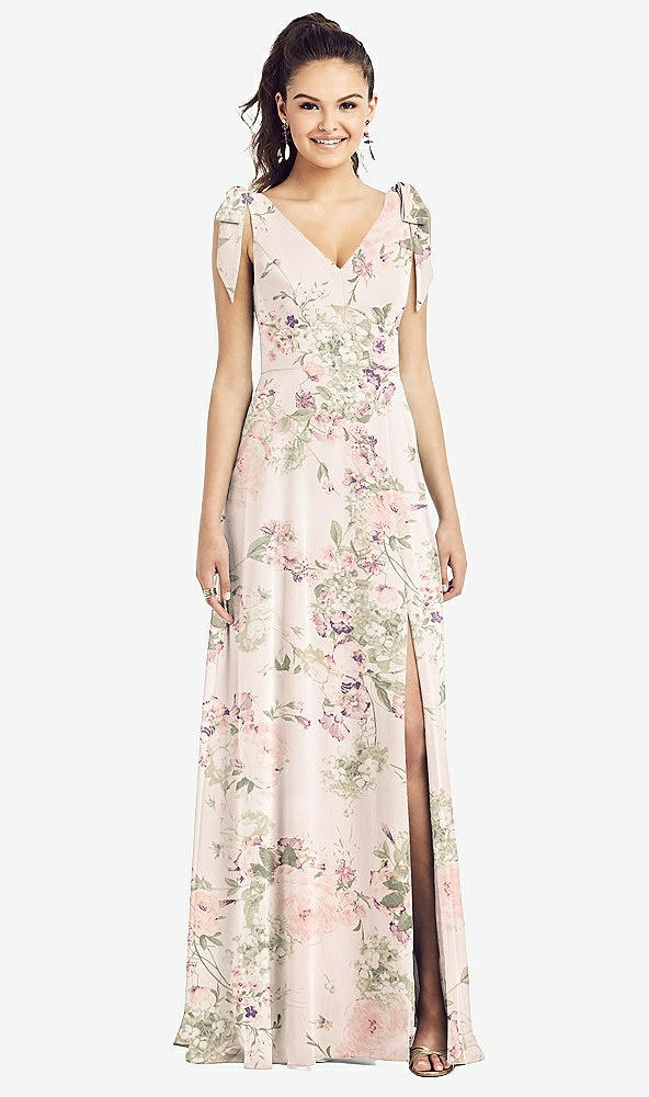 Front View - Blush Garden Bow-Shoulder V-Back Chiffon Gown with Front Slit