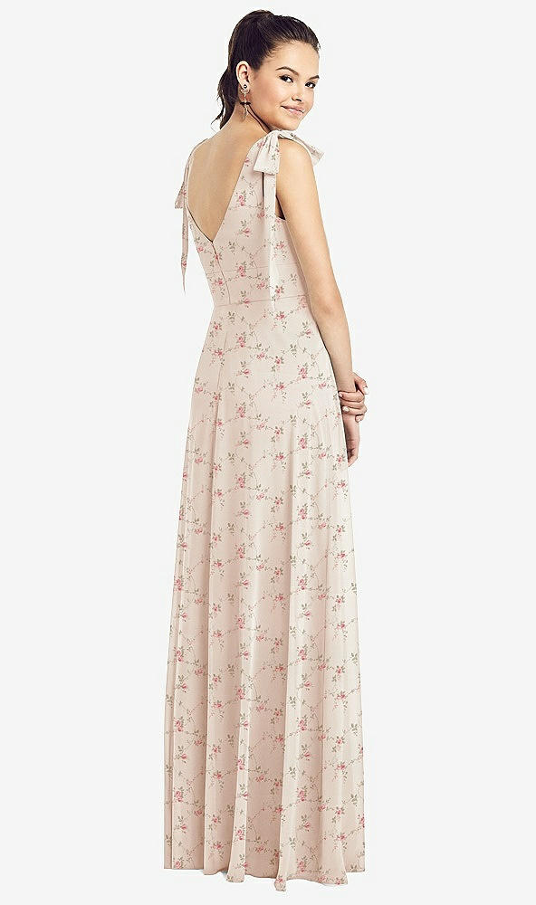 Back View - Coquette Floral Print Bow-Shoulder V-Back Chiffon Gown with Front Slit
