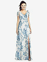 Front View Thumbnail - Cottage Rose Dusk Blue Bow-Shoulder V-Back Chiffon Gown with Front Slit